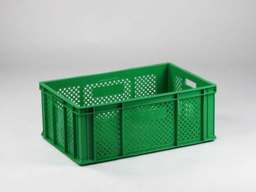 Caja de plástico para frutas o verduras 600x400x230 mm, perforada, verde